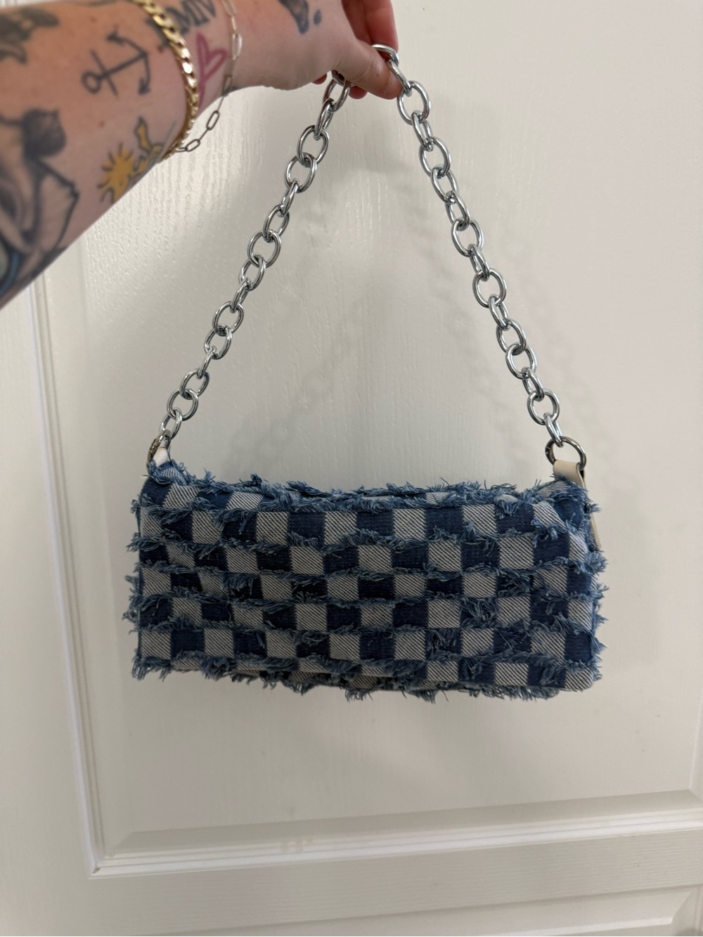 Denim Check Frayed Mini Shoulder Bag